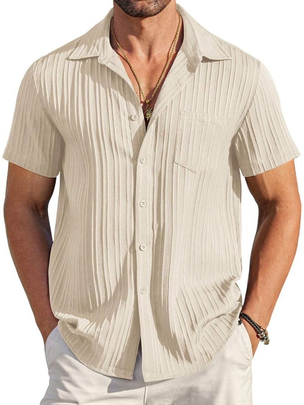 Men's Beige Short Sleeve Textured Summer Collared Casual Button Down Shirts